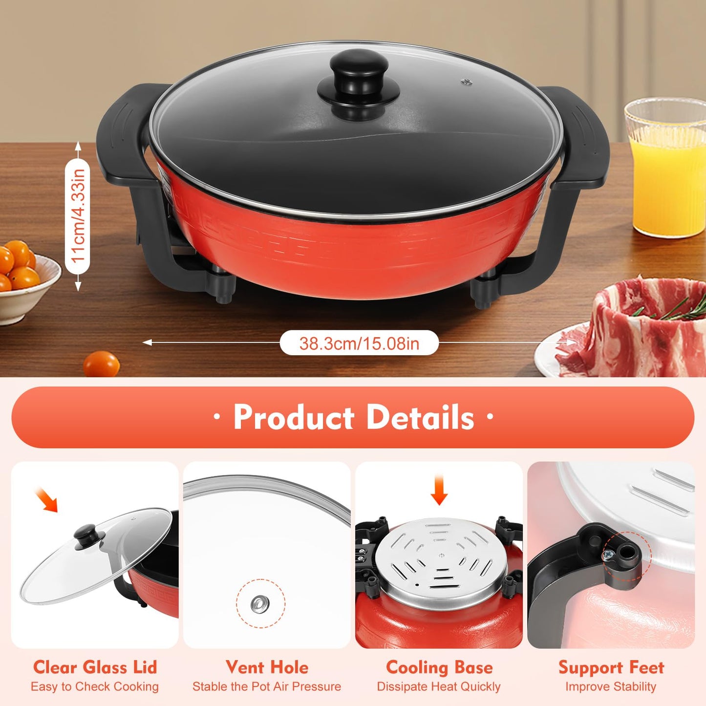 Electric Hot Pot Wok Pan Yin Yang Hot Pot 2 Sided Soup Pot Kitchen Casserole Non-stick Cooking Pot Chinese Hotpot, Easy to clean Fast heating