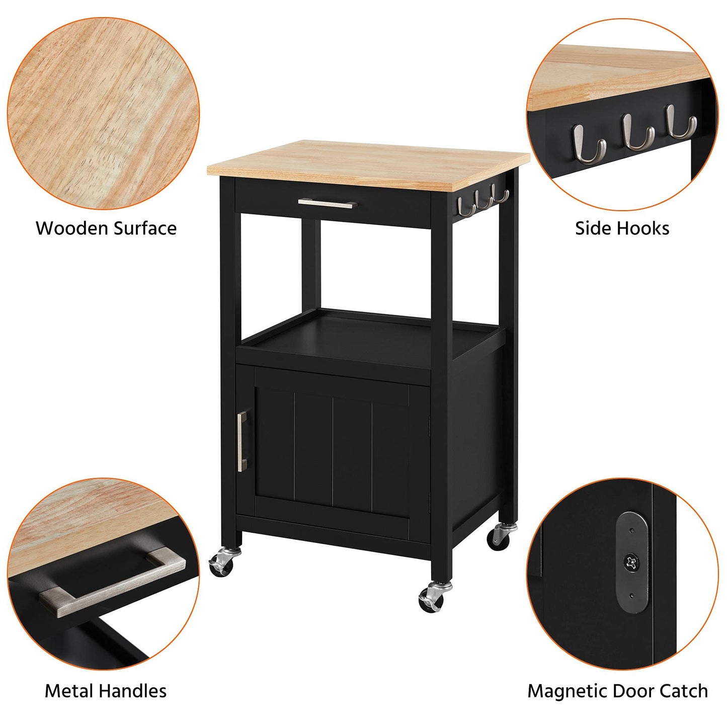 Yaheetech kitchen cart on wheels, serving cart with cabinet and shelf, wooden countertop, rolling cart 55x45x89cm, country style kitchen trolley in black.