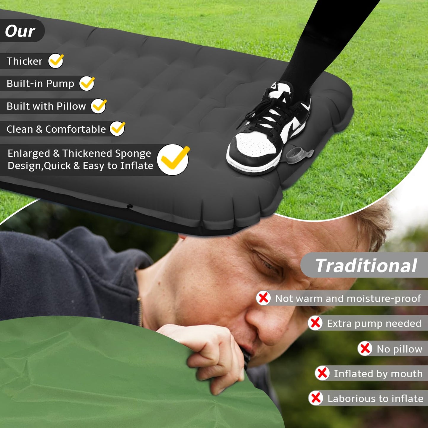 Self-inflating sleeping pad air mattress, comfortable 12CM thickened inflatable mattress with foot pump and pillow, waterproof camping mat outdoor, ultralight sleeping pad for tent and beach.