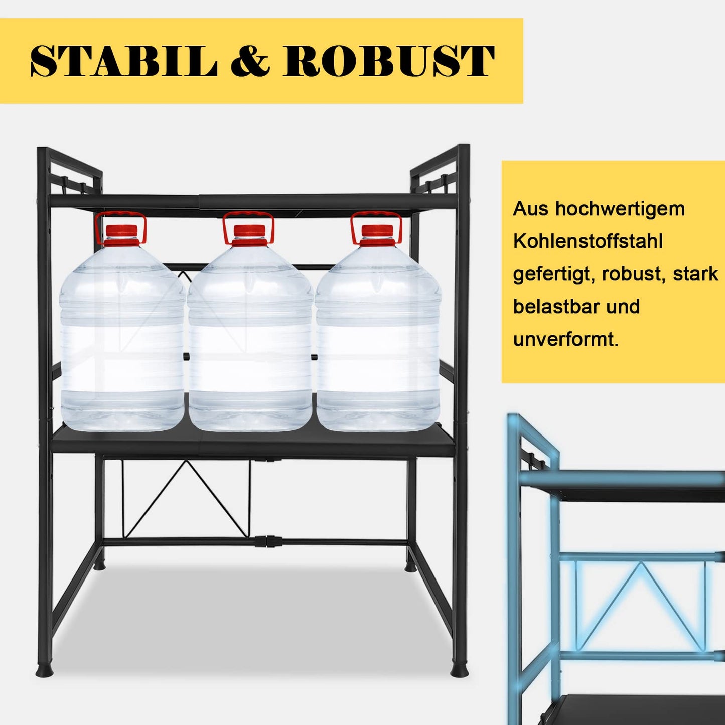 Expandable microwave shelf with 8 hooks, 3-tier microwave stand rack microwave holder baker shelf organizer for kitchen countertops, Black