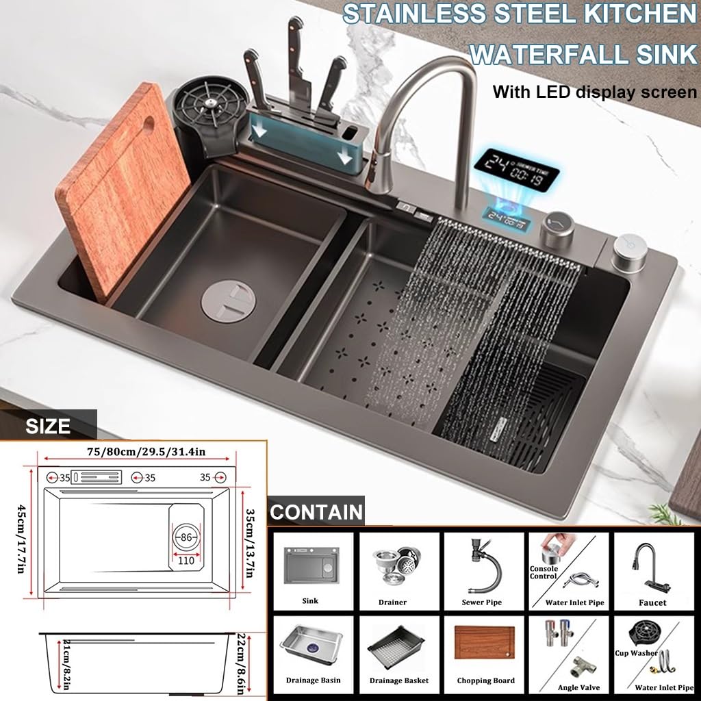 304 stainless steel waterfall sink with digital display, bar sink with tool holder, nano-coated workstation sink with pull-out faucet and cup washing system (size: 75 x 46 x 21 cm).