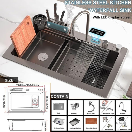 304 stainless steel waterfall sink with digital display, bar sink with tool holder, nano-coated workstation sink with pull-out faucet and cup washing system (size: 75 x 46 x 21 cm).