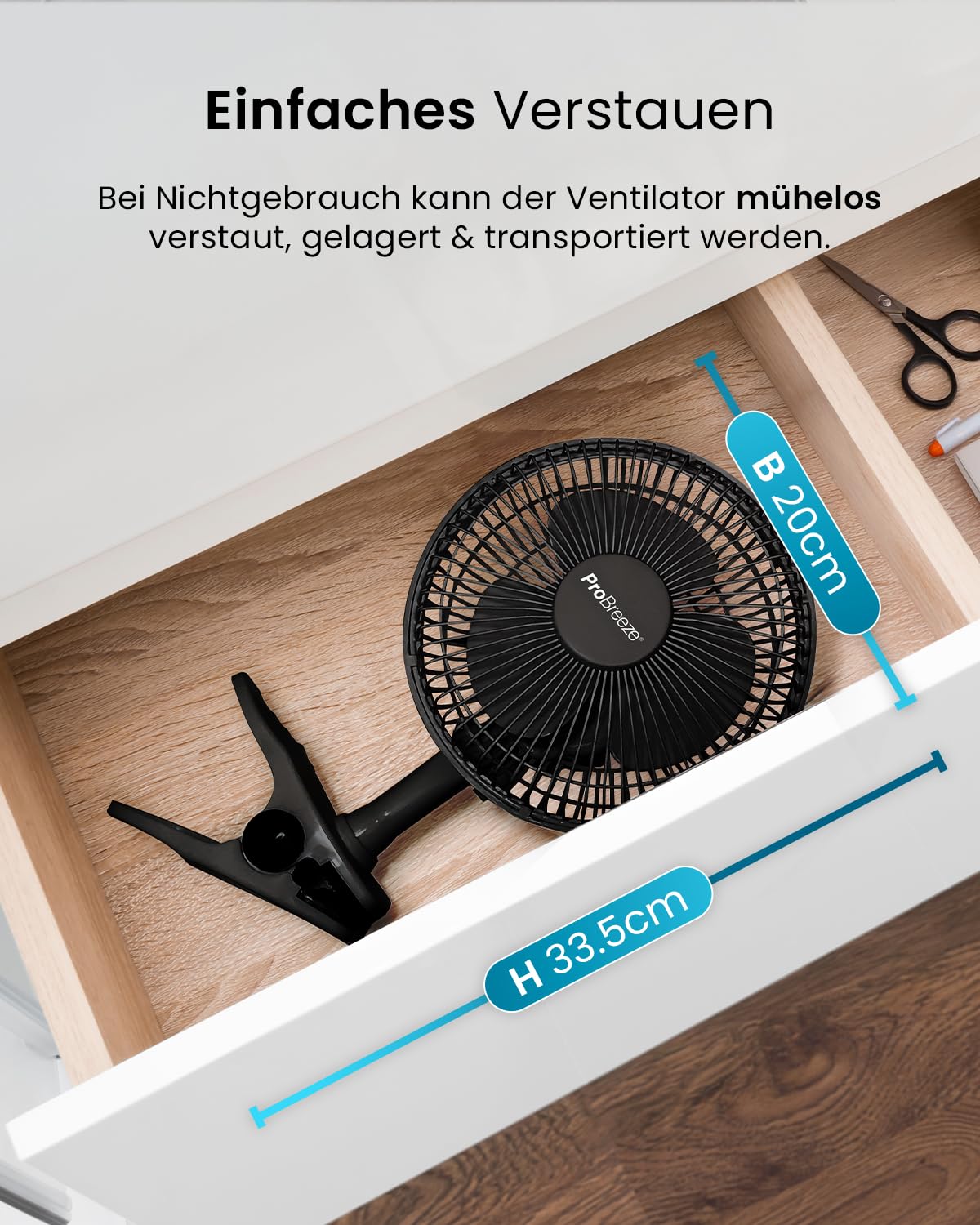 Pro Breeze Mini Fan with Clip, 20cm diameter, 2 speed settings, sturdy clip - quiet fan, ideal as a table fan on the desk, for grow box, at home in the bedroom