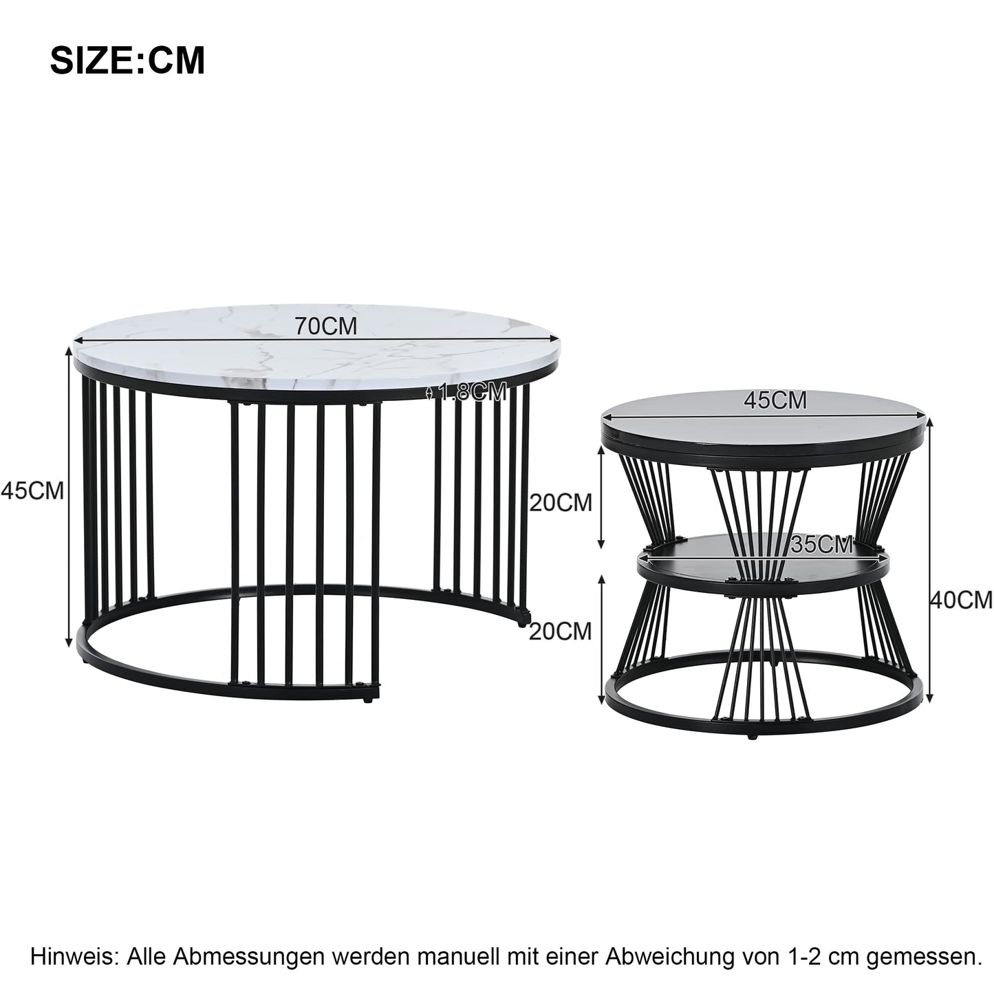 Merax Round Coffee Table 2 Piece Set, Modern Side Table with High Gloss Marble Effect for Living Room, Nesting Table for Reception Room, Balcony, and Office, Metal Frame, Black & White