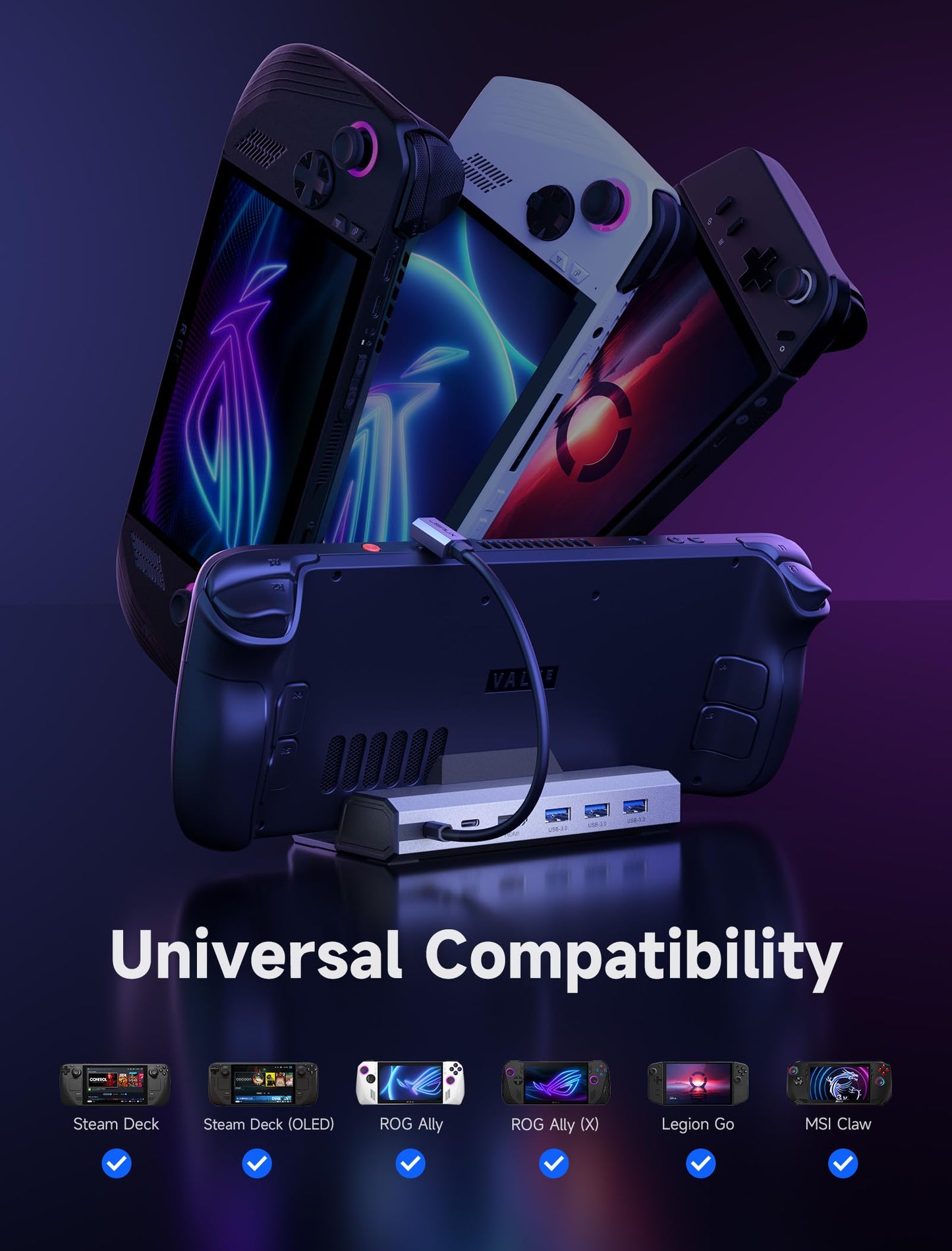 JSAUX Upgraded Steam Deck Dock, 6-in-1 docking station for Valve Steam Deck/OLED/ASUS ROG Alloy X/Lenovo Legion Go (S/2)/MSI Claw, HDMI 4K@120Hz, three USB 3.0, Gigabit Ethernet, 100W charging - HB0603.