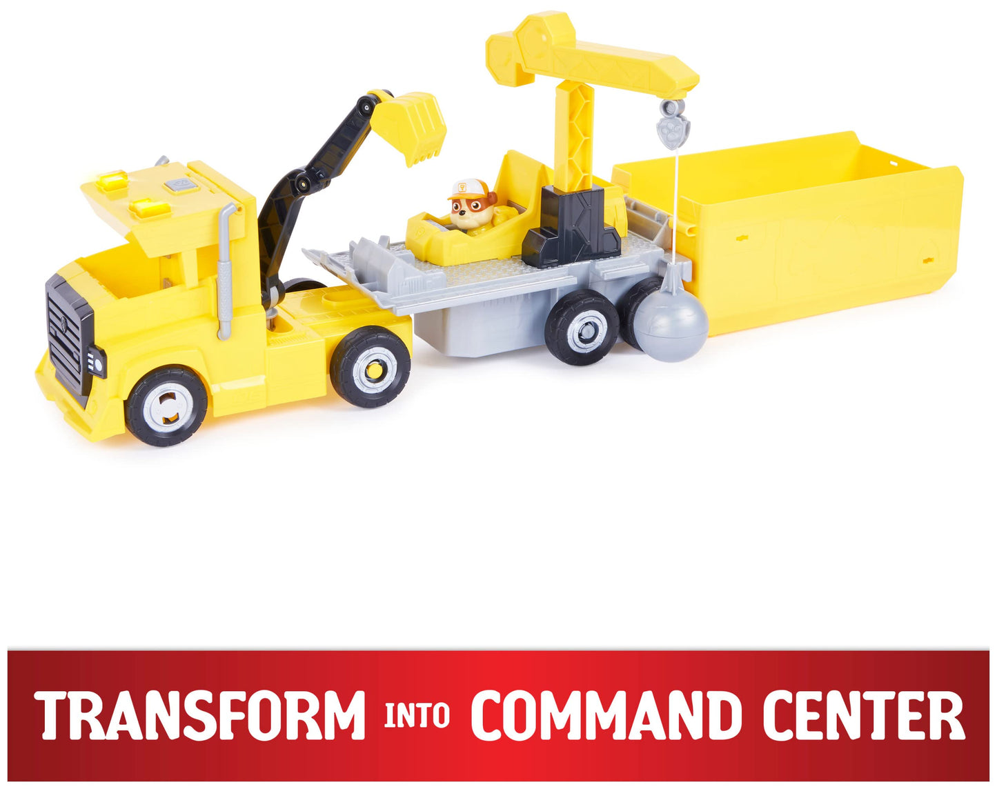 PAW PATROL 6064242 2-in-1 Rubble's Truck with digger, toy crane, lights and sounds, action figures, toy for kids ages 3 and up.