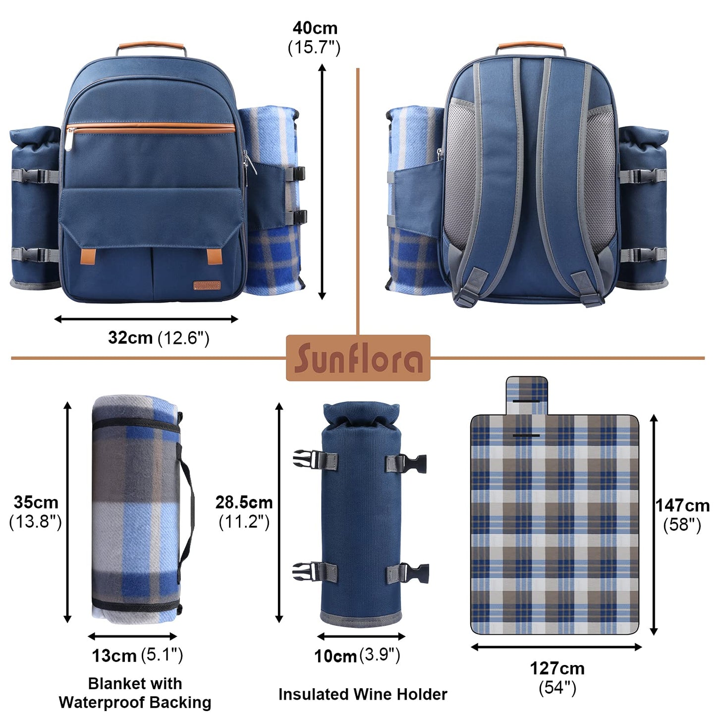 Sunflora Picnic Backpack Set for 2 with Insulated Cooling and Blanket, 2 Person Picnic Basket for Family Camping Outdoor (Navy)