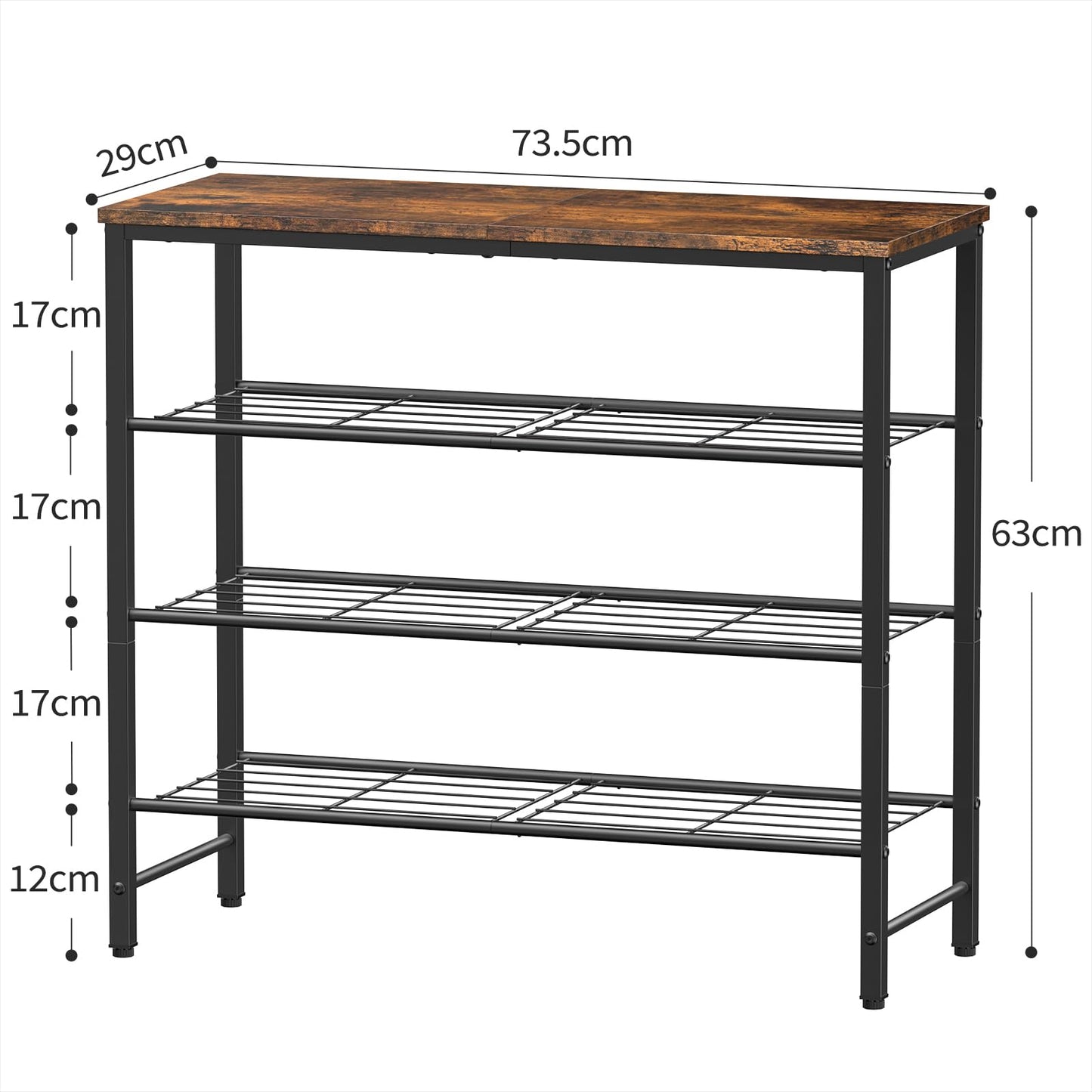 Kitsure shoe rack with wooden top, space-saving metal shoe rack, durable storage for wardrobe, entryway, hallway, 29 x 73.5 x 63 cm, vintage brown.