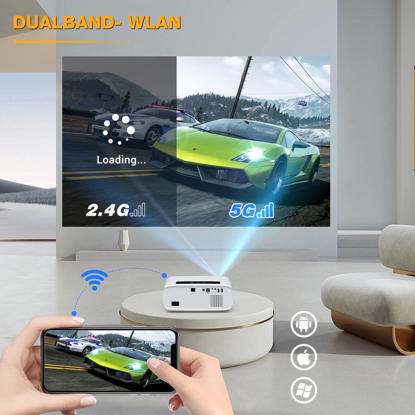 5G WiFi projector- 12000 lux native 1080P projector full HD home theater video projector 4K, Bluetooth projector WLAN projector 350'' display compatible with TV stick, HDMI, USB, X-Box, iOS/Android