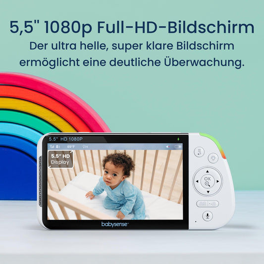 Babysense video baby monitor with camera, No Wi-Fi, 5.5-inch 1080p Full HD display, 6-color night light, 300m range, Two-way audio, 4X zoom, 5000mAh battery.