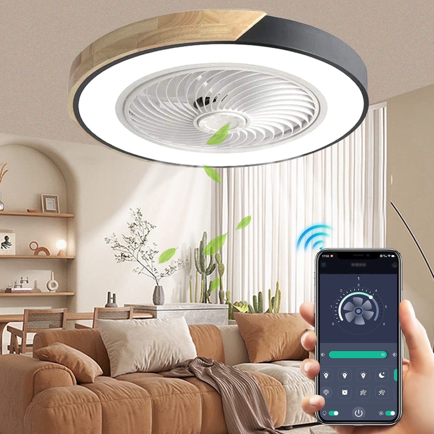 Wildcat Wood Ceiling Fan with LED lighting, Invisible Fan Ceiling Light Dimmable with Remote Control, Timer Quiet Fan Lamp, Ceiling Light for Living Room Bedroom Kids Room