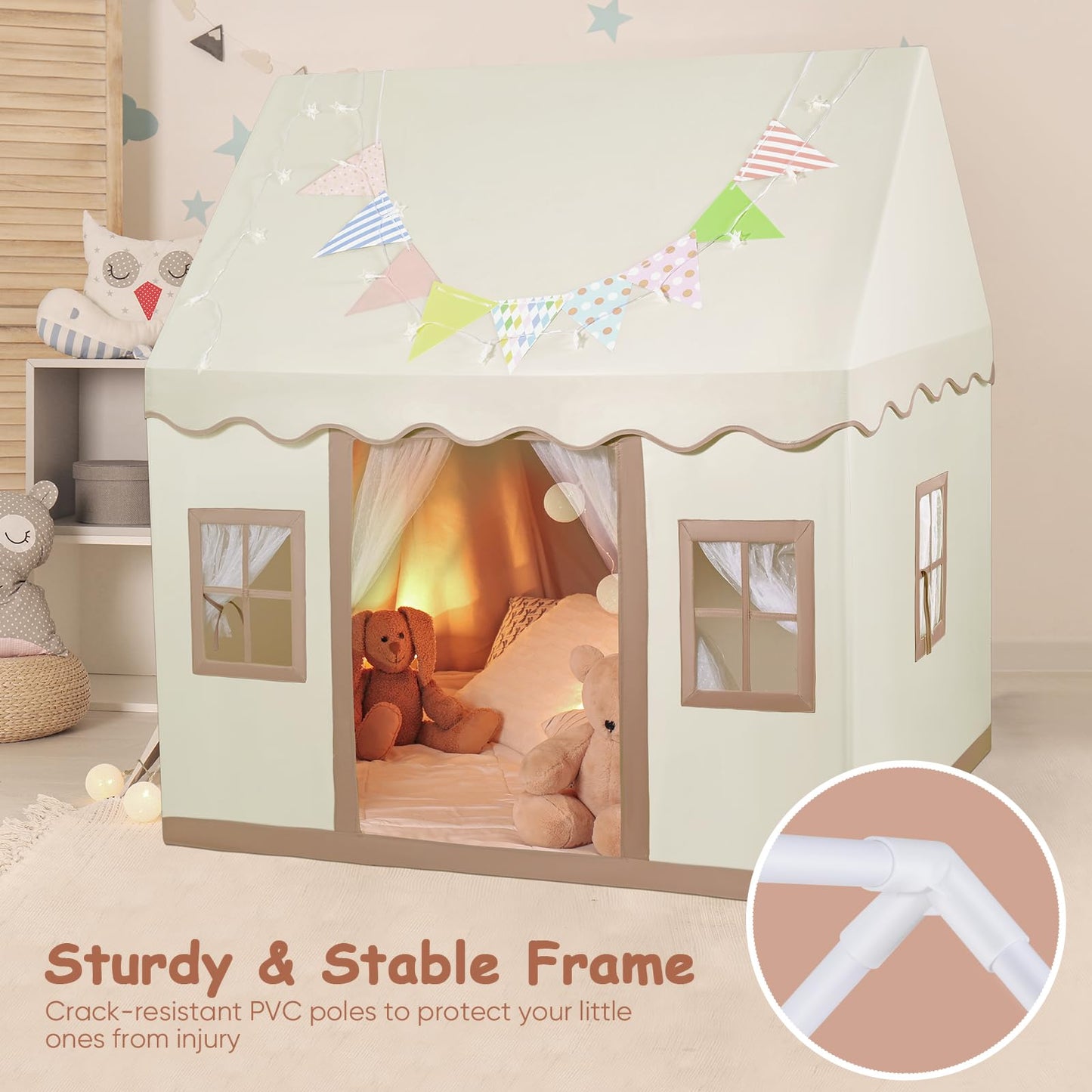 Rouwthio Kids Play Tent Play House Tent for kids for play and relaxation. Foldable kids indoor/outdoor tent with small windows, door curtains, and mat.