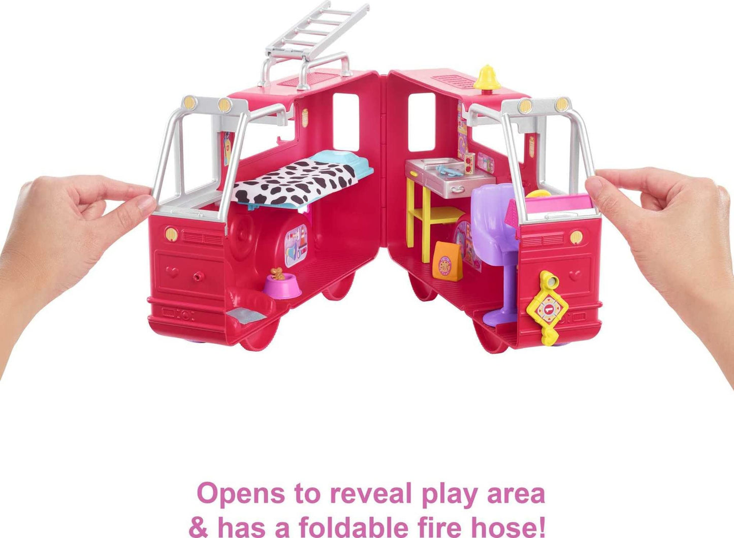 Barbie Chelsea Can Be Series, Chelsea doll with fire truck, firefighter outfit accessories, 12+ pieces including Dalmatian, gift for kids, toy for ages 3+, HCK73.