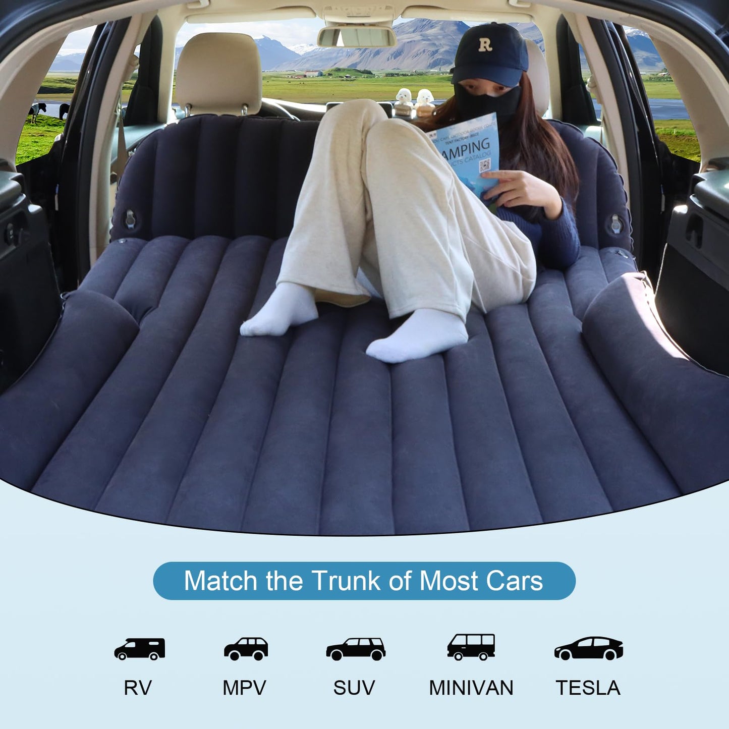 Ciremiv car mattress with double-sided, thick flocking, car air mattress with pump and built-in pillow/leak-proof, comfortable, durable car bed for car camping, road trips.