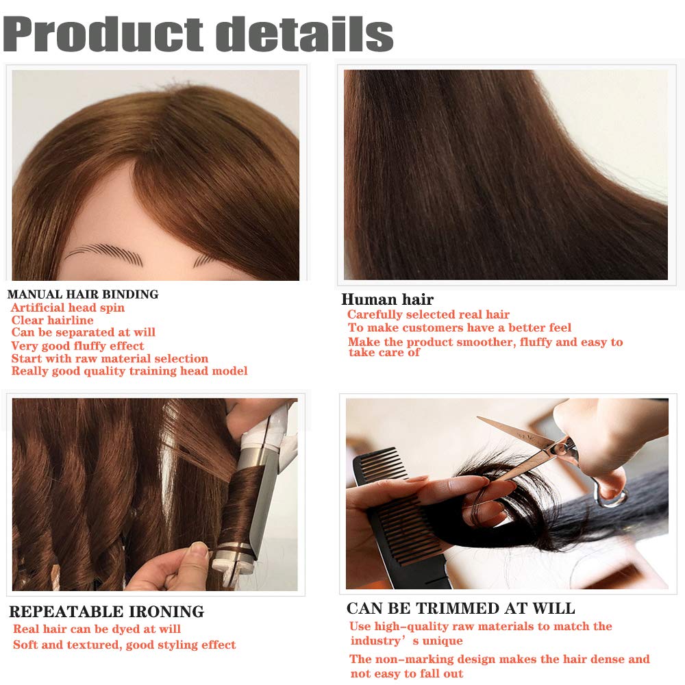 Mannequin head with 100% real hair, 45.7 cm, Dark Brown, Cosmetology, Practice Head, Doll heads with clamp holder and tools by SZCY LLC.