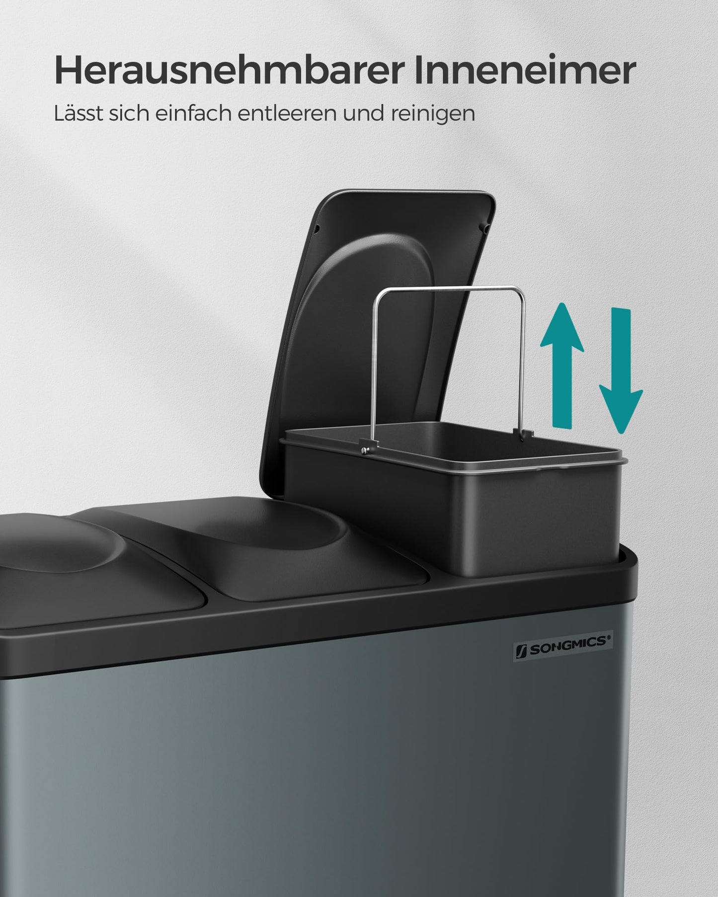 SONGMICS Kitchen Trash Can, Waste Separation System 3 Compartments, Garbage Bin, 45 Liter Metal Step Trash Can, 3 x 15 Liter, Step Trash Can with Lid, Steel, Green Grey-Ink Black LTB45G