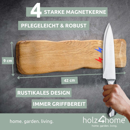 wood4home® Magnetic Knife Strip in light oak wood "La Madera" | Magnetic knife holder for the kitchen | 42 cm x 2.5 cm x 9 cm (WxHxL) | Holds 4 kitchen knives.