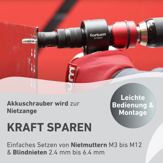 Fortum 2-in-1 riveting attachment for cordless drill & drill I rivet tool for blind rivets & rivet nuts made of aluminum, steel & stainless steel I blind rivet attachment for 2.4-6.4 mm rivets + M3-M12 rivet nuts