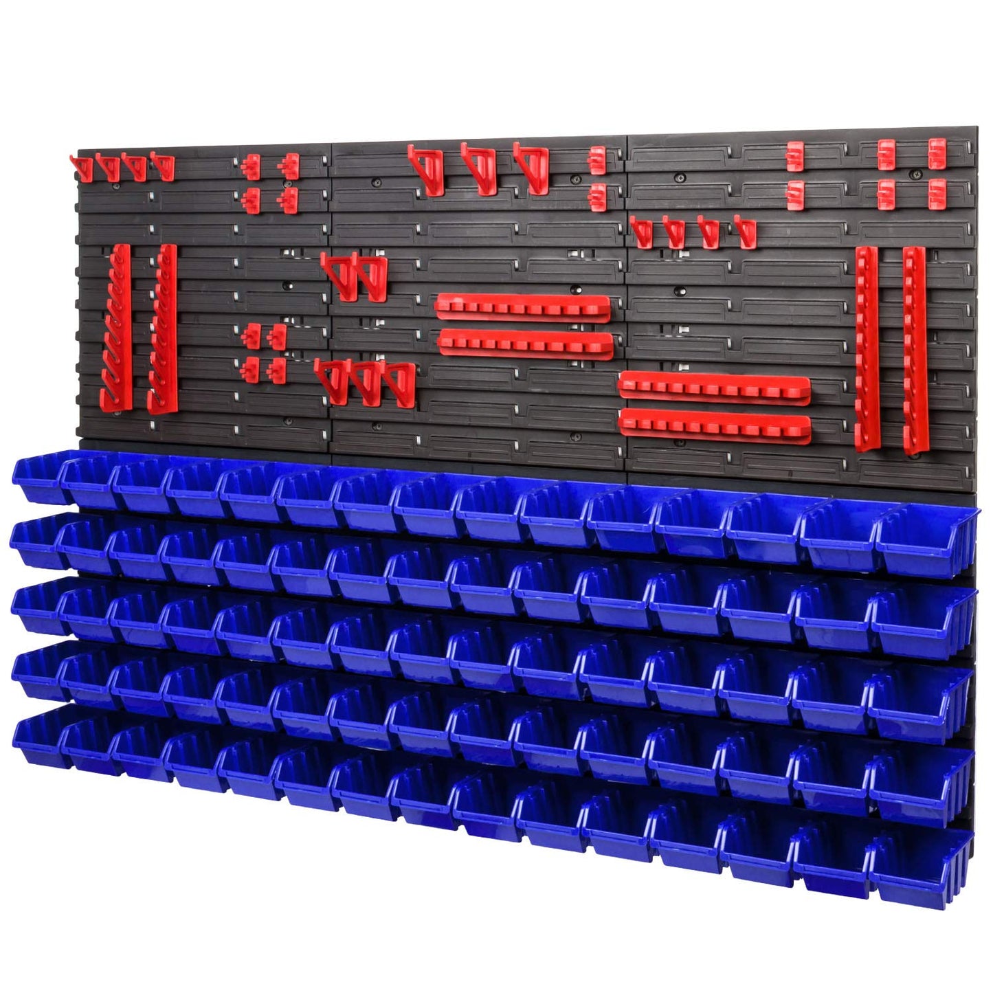 PAFEN storage system wall shelf XXL 1158 x 780 mm - Extra strong tool wall with stacking boxes - 111 pieces - Red tool holders + Blue boxes