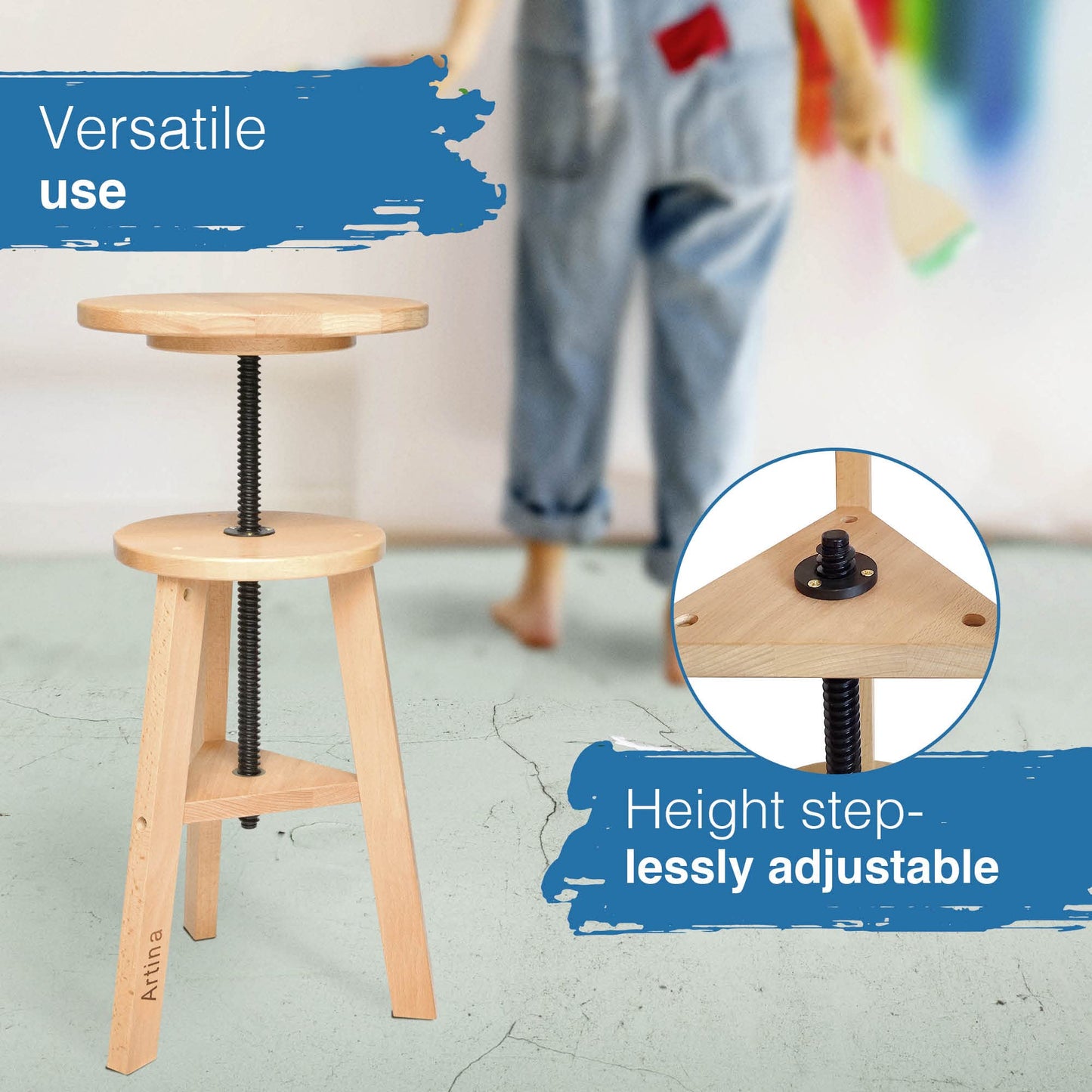 Artina Artist Stool Arles Ø 30 cm Seat Swivel Stool Wood Adjustable Height 48-66cm - Artist Stool round 360 degrees swivel & sturdy, Beech Wood, Artist Swivel Chair & Workshop Stool