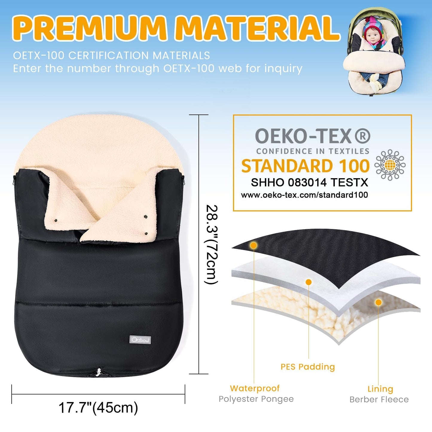 Orzbow Footmuff Infant Car Seat Winter,Universal Wraparound Infant Car Seat Winter Blanket with Adjustable Collar,Warm Berber Fleece Lining,Zipper,Fits Maxi-Cosi,Cybex,Romer, etc. (Black)