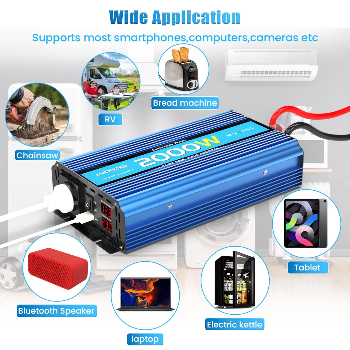 2000W Pure Sine Wave Inverter 12V to 230V Power Inverter DC Converter with AC Outlets USB Ports and LED Display for RV Car (Peak Power 4000 Watt)