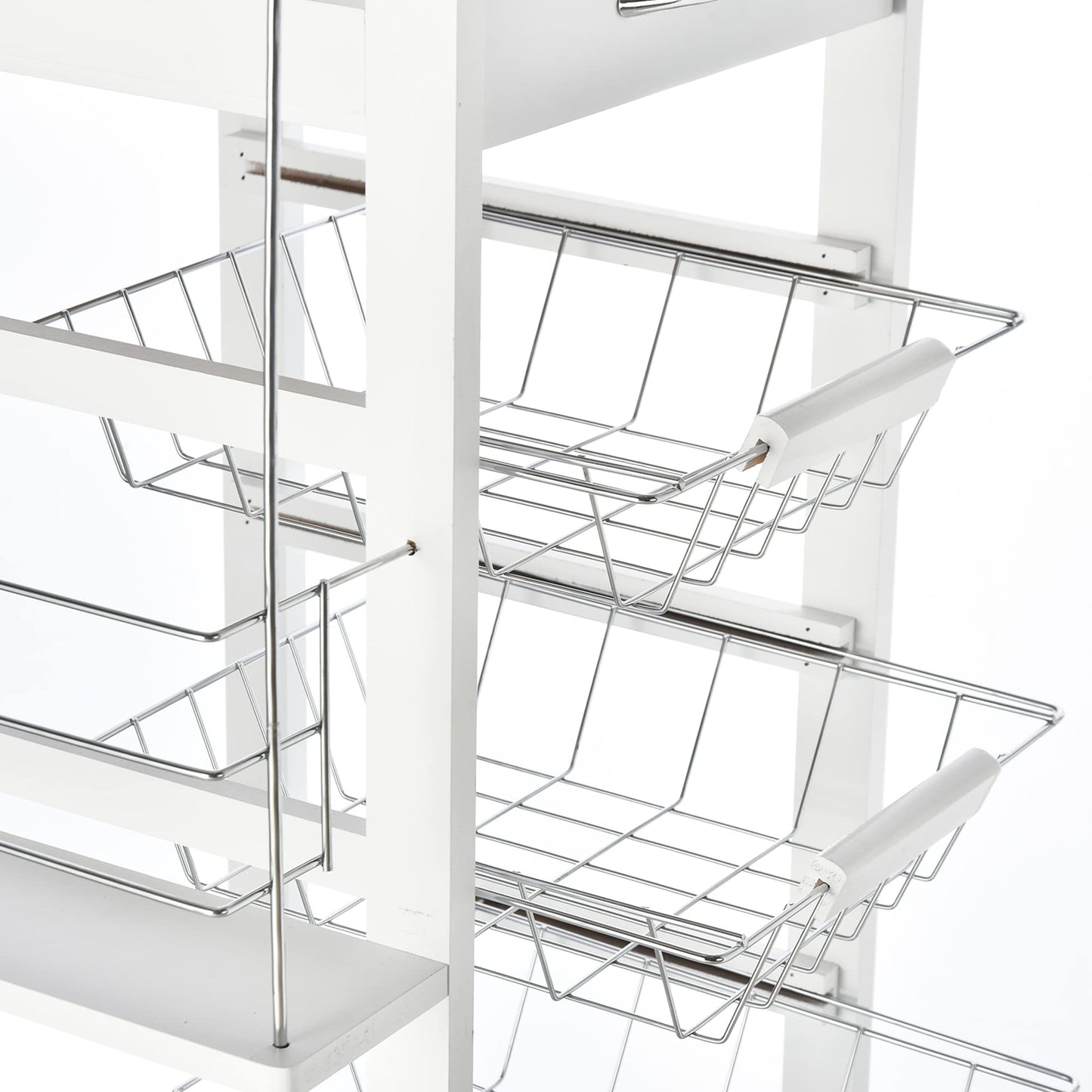 HOMCOM kitchen cart, 5-tier serving cart with countertop, rolling cart, kitchen shelf with wheels, drawer, and metal baskets, pine wood white 47 x 37 x 83 cm