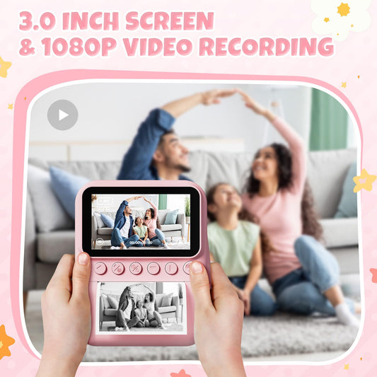 CalineGam instant camera for kids, 3.0 inch screen 48MP children's camera instant camera with 32GB card, 1080P HD camera kids instant print, gift for 3-12 boys and girls (pink)
