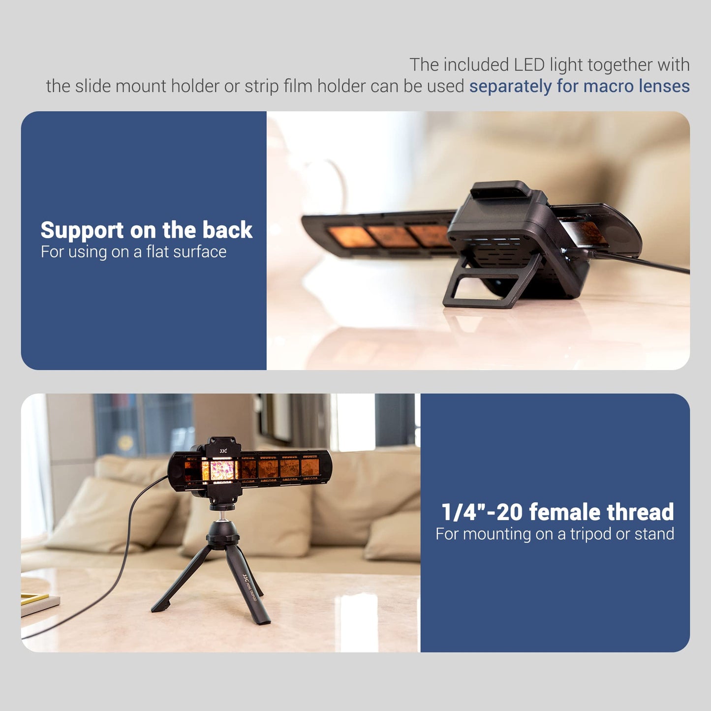 JJC ES-2 film digitization adapter with 6500 K USB LED lighting set, negative film copy scanner. Convert 35mm negatives to digital JPEG.