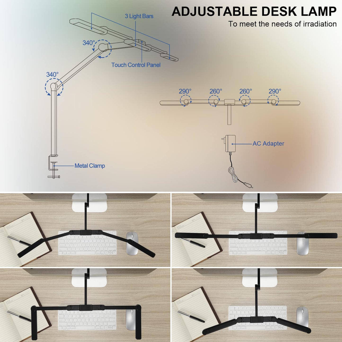 Lightess LED Desk Lamp Dimmable 105cm 24W Clip-on Double Head Desk Lamp Touch Table Lamp Monitor Light 5 Color Temperature Brightness Levels Daylight Lamp for Architects Home Office