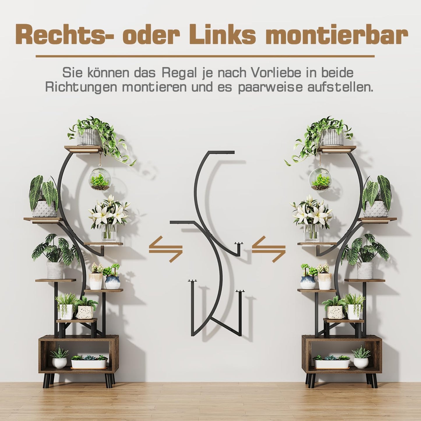 ShineMuse Plant Stand with Growth Light 160cm, Wood and Metal Flower Stand with LED Growth Light, 7-Tier Metal Plant Shelf with Legs for Outdoor and Indoor, Living Room, Balcony, Bedroom