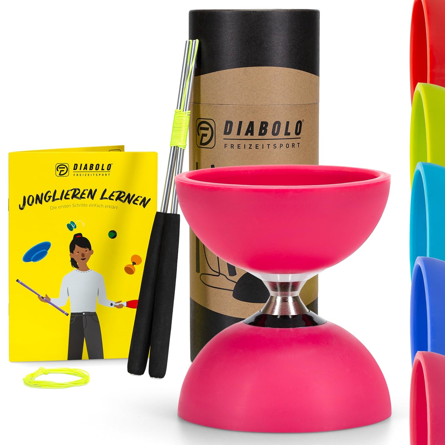 Diabolo recreational sport juggling set Pro with ball-bearing diabolo (pink), aluminum handsticks, replacement string, instructions - with gift packaging.