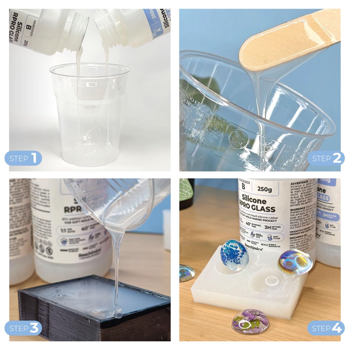 Liquid silicone rubber 1:1 R PRO GLASS, soft molding silicone, non-toxic and safe duplicating silicone for making silicone molds. Ideal for DIY resin molds, silicone molds. (1 kg)