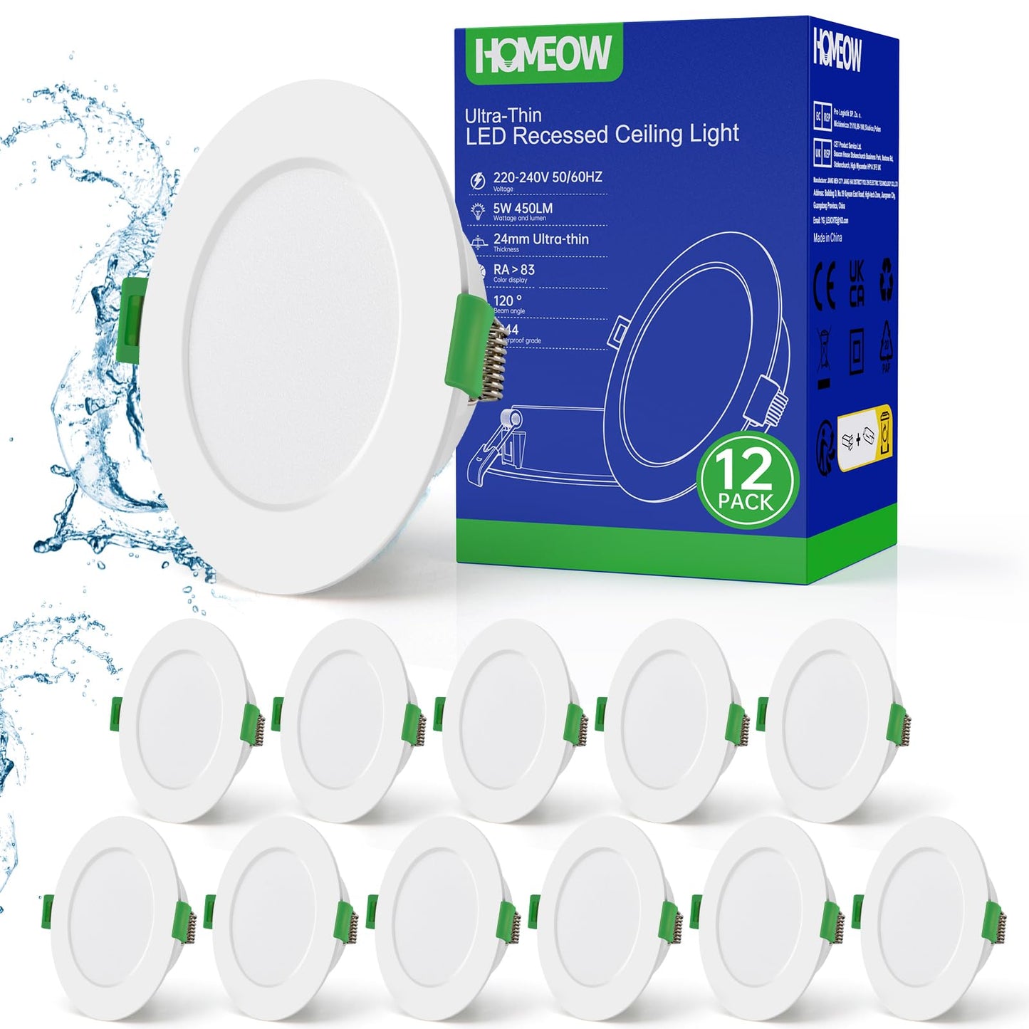 HOMEOW 12 pack Recessed LED Flat Panel Lights, 230V 5W 450 Lumens, Neutral White 4000K LED Spot, Cut-out 75-85mm, Diameter 100mm, IP44 Waterproof for Bathroom Kitchen Living Room.