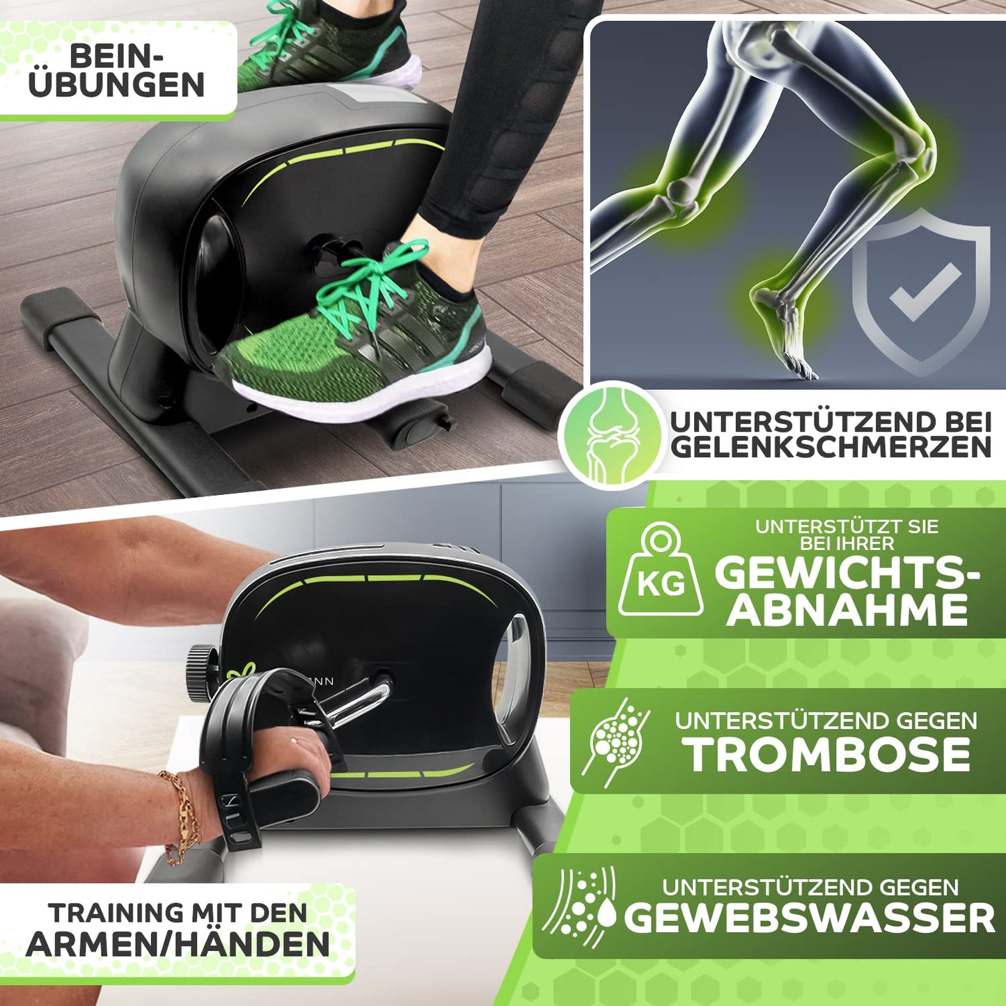 New Tretmann Basic Pedal Trainer Set - extra stable & quiet - including fastening strap - DEKRA certified - Leg trainer for seniors home trainer mini bike Black Green