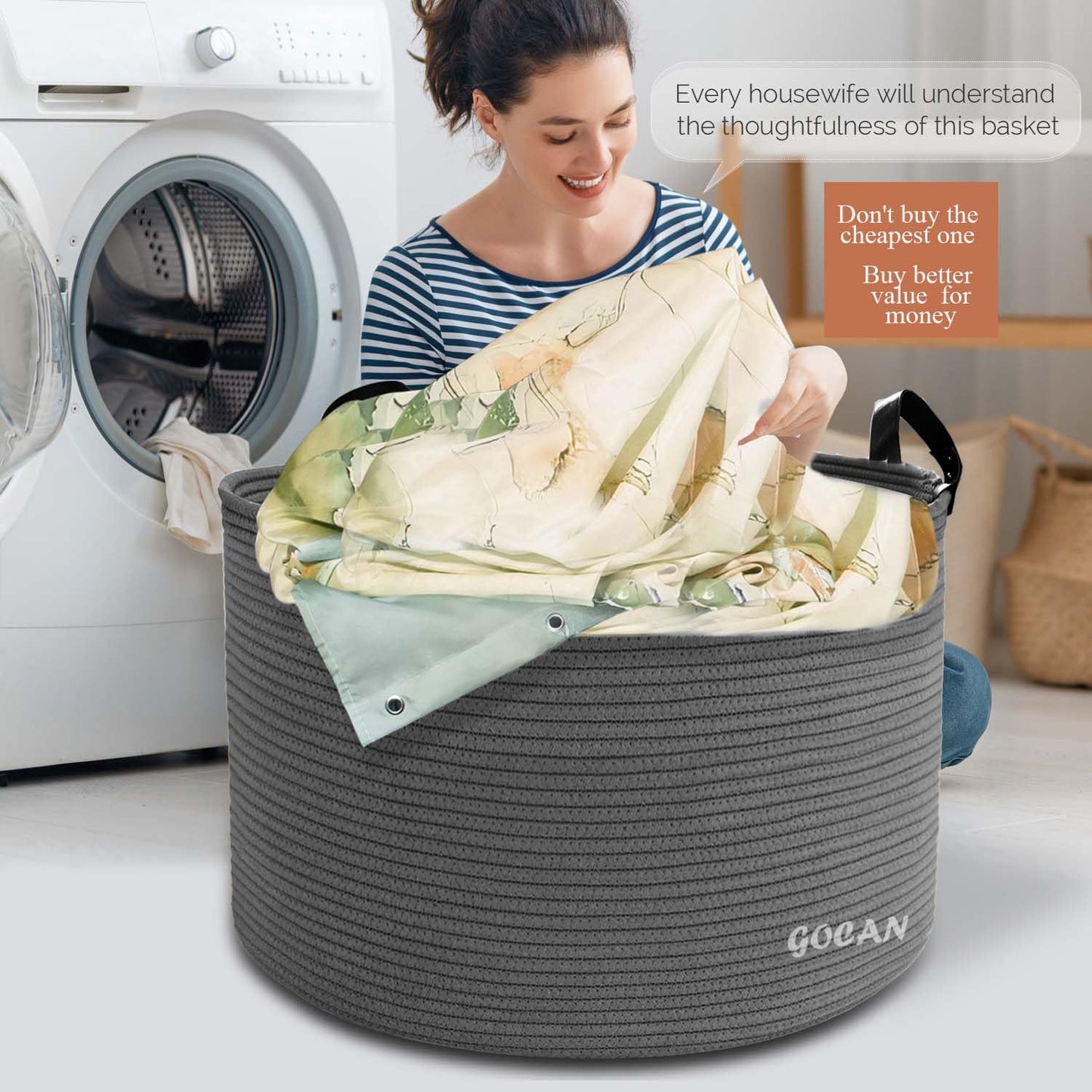 GOCAN XXXL Storage Basket Large Cotton Rope Laundry Hamper for Blankets Pillows in Living Room Clothes Toys in Kids Room, matte gray D55 X H35cm
