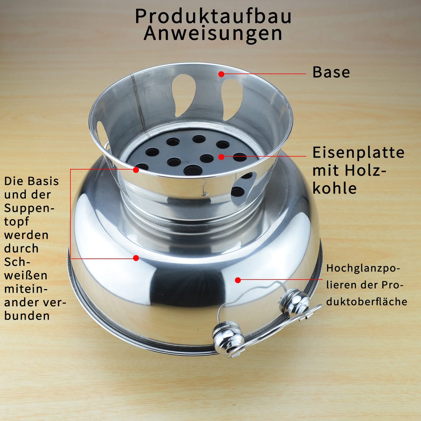 SANQIAHOME 1.8 liter camping stove hot pot made of stainless steel. Chinese charcoal hot pot, Chinese meat fondue lamb cooker, outdoor picnic cooker.