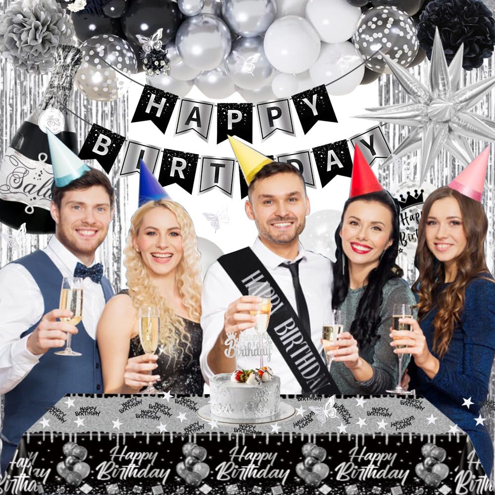 Black Silver Birthday Decorations, Silver Black White Party Decor Set with Happy Birthday Banner, Confetti Balloons, Sash, Tablecloth, Curtain, Pom Poms for Men Women Boys Girls Birthday Party Decor.