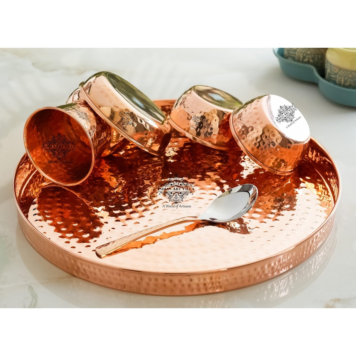 IndianArtVilla Thali/Dinner-Set, handcrafted, pure copper, 8 pieces