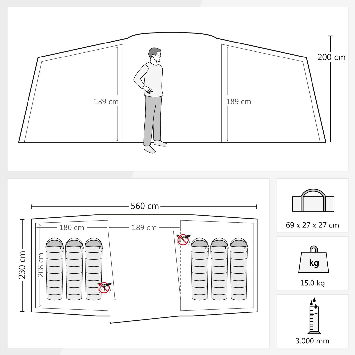Justcamp Lake 6 Camping Tent, family tent for 6 people, 2 sleeping cabins, tunnel tent with standing height, large, stable, waterproof for festivals, XXL dome tent, portable with carrying bag, tent for families.