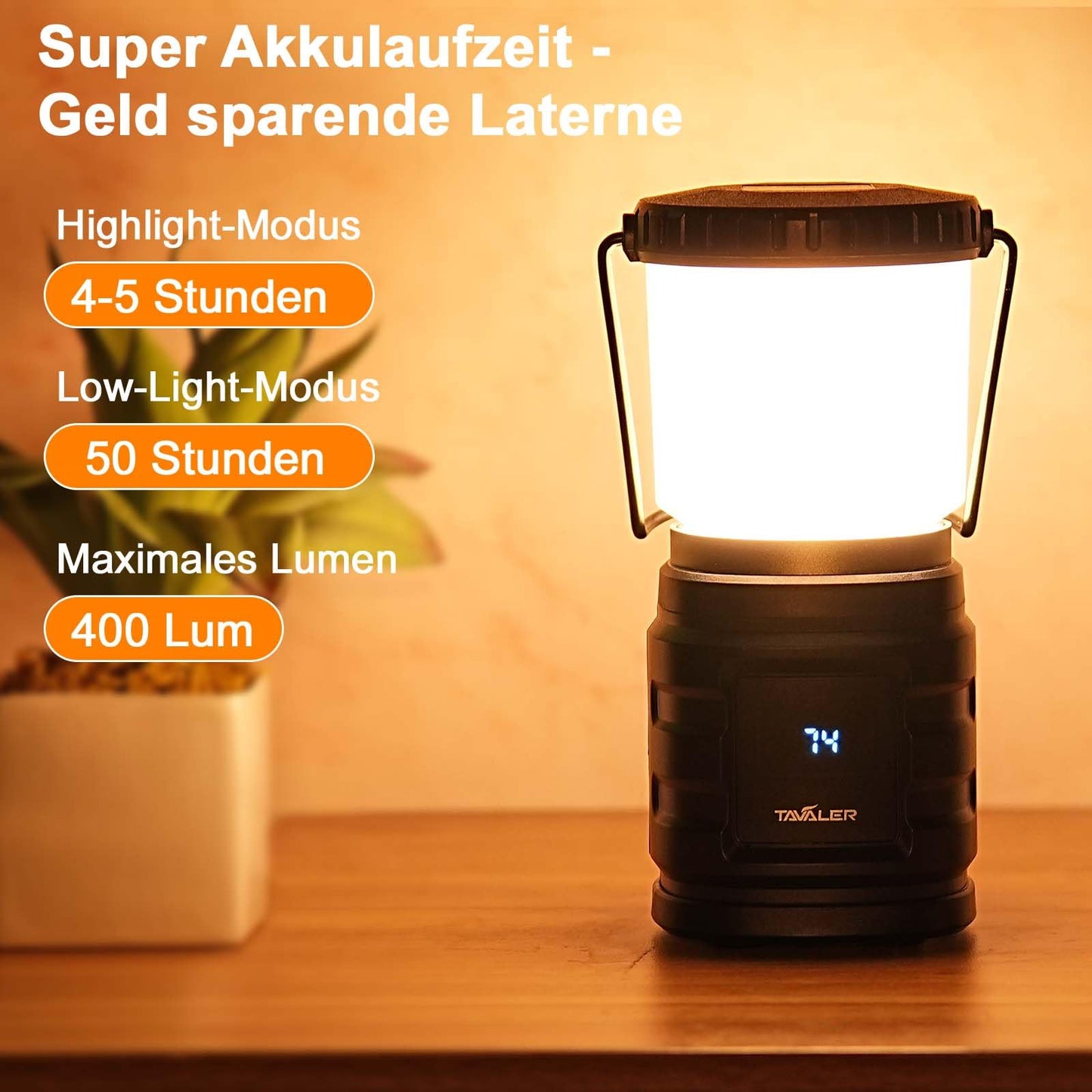 Tavaler Camping Lantern 4400mAh Battery USB C Rechargeable Camping Lamp with LED Battery Display Screen Camping Light IP65 Waterproof Camp Light for Hiking Outdoor, Emergency, Power Bank.