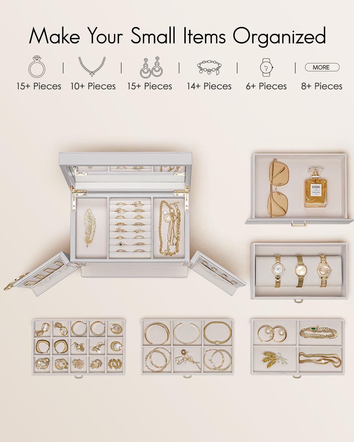 Vlando Jewelry Box Large, French Jewelry Case 6 Levels, Jewelry Organizers Large XXL with Mirror, Drawers, Jewelry Storage for Women, Jewelry Box for Earrings, Necklaces, Watches