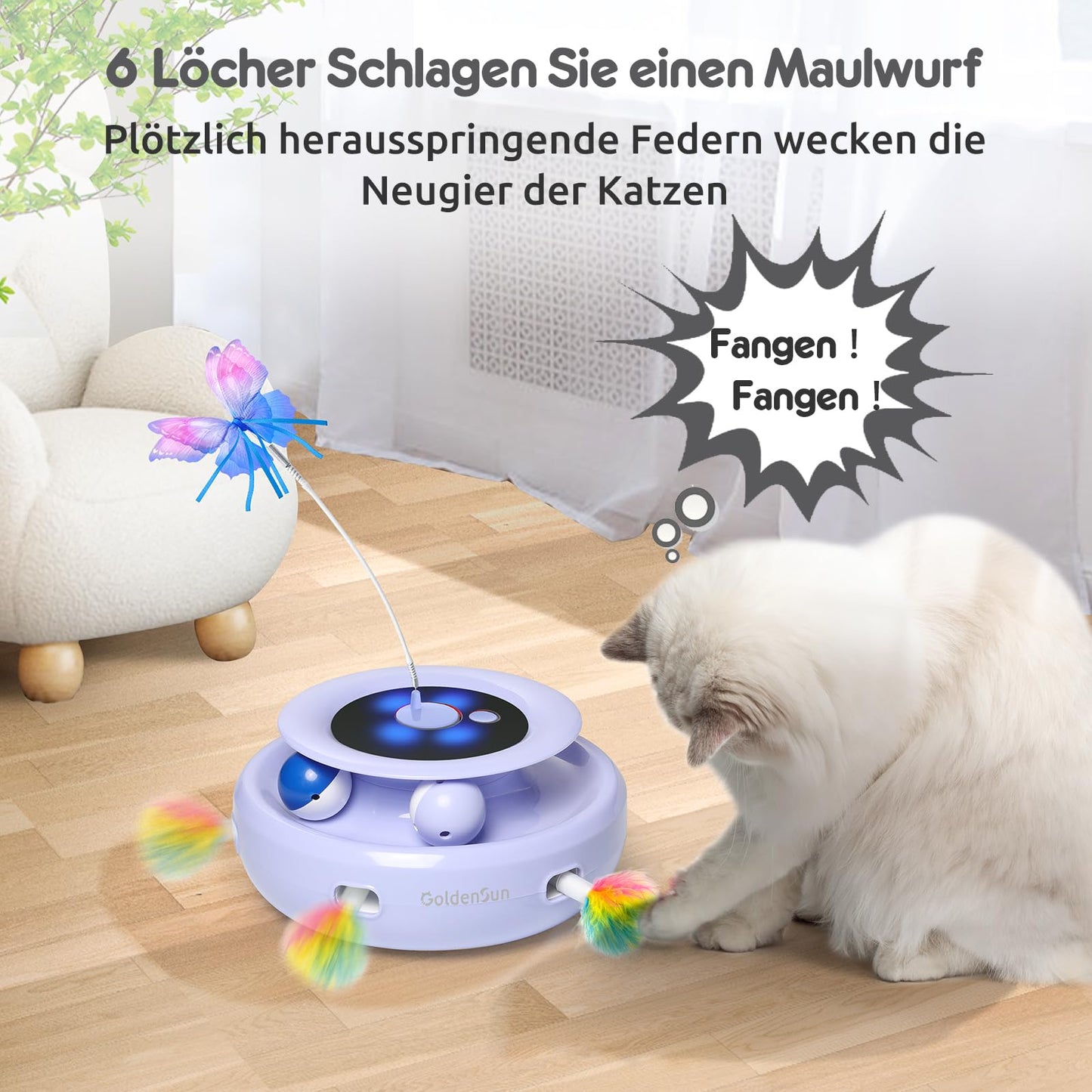 GoldenSun 3 in 1 Interactive Cat Toy, Electric Automatic Cat Toy, Whack-A-Mole, Fluttering Butterfly, includes Ball, USB Rechargeable Cat Teaser with 6 Attachments.
