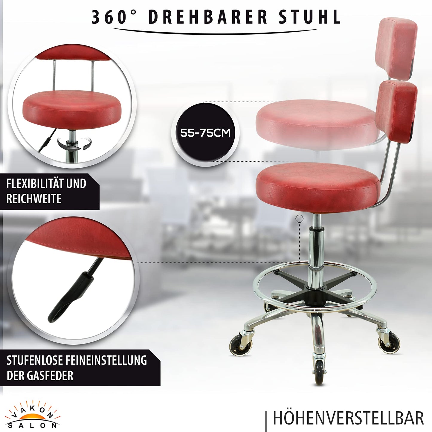 VAKON SALON - Premium rolling stool in red with backrest and foot ring - Height adjustable 55-75 cm - Round seat swivel stool work stool practice stool