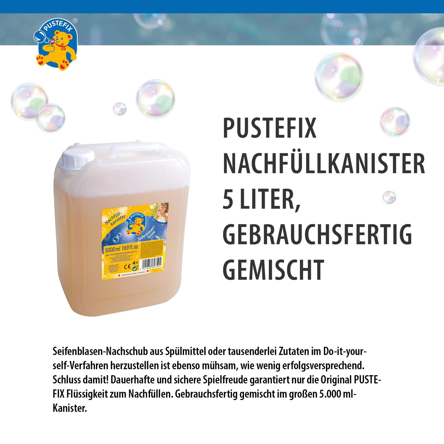 PUSTEFIX - 420869750 Refill canister I 5 l bubble solution I Colorful bubbles I Bubble fun for weddings, children's birthdays, summer parties I Colorful bubbles for kids & adults