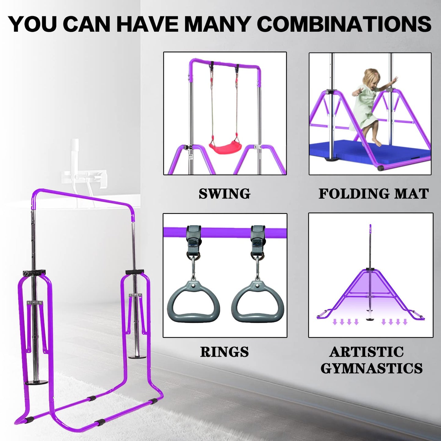 FINGER TEN Kids Gymnastics Bar, Horizontal Kip Bar Foldable Gymnastics Training Equipment 4 Heights Adjustable Horizontal Bars, Gymnastics Bar for Indoor Outdoor Home (Purple)