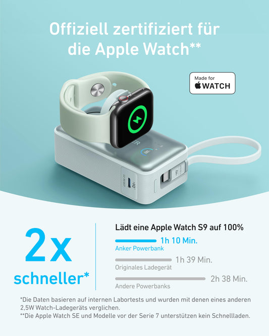 Anchor MagGo Powerbank for Apple Watch, officially certified, 10,000mAh compact battery pack with integrated USB-C cable, 35W Max., for iPhone 17/16/15 Series, Samsung, iPad, AirPods, and more.