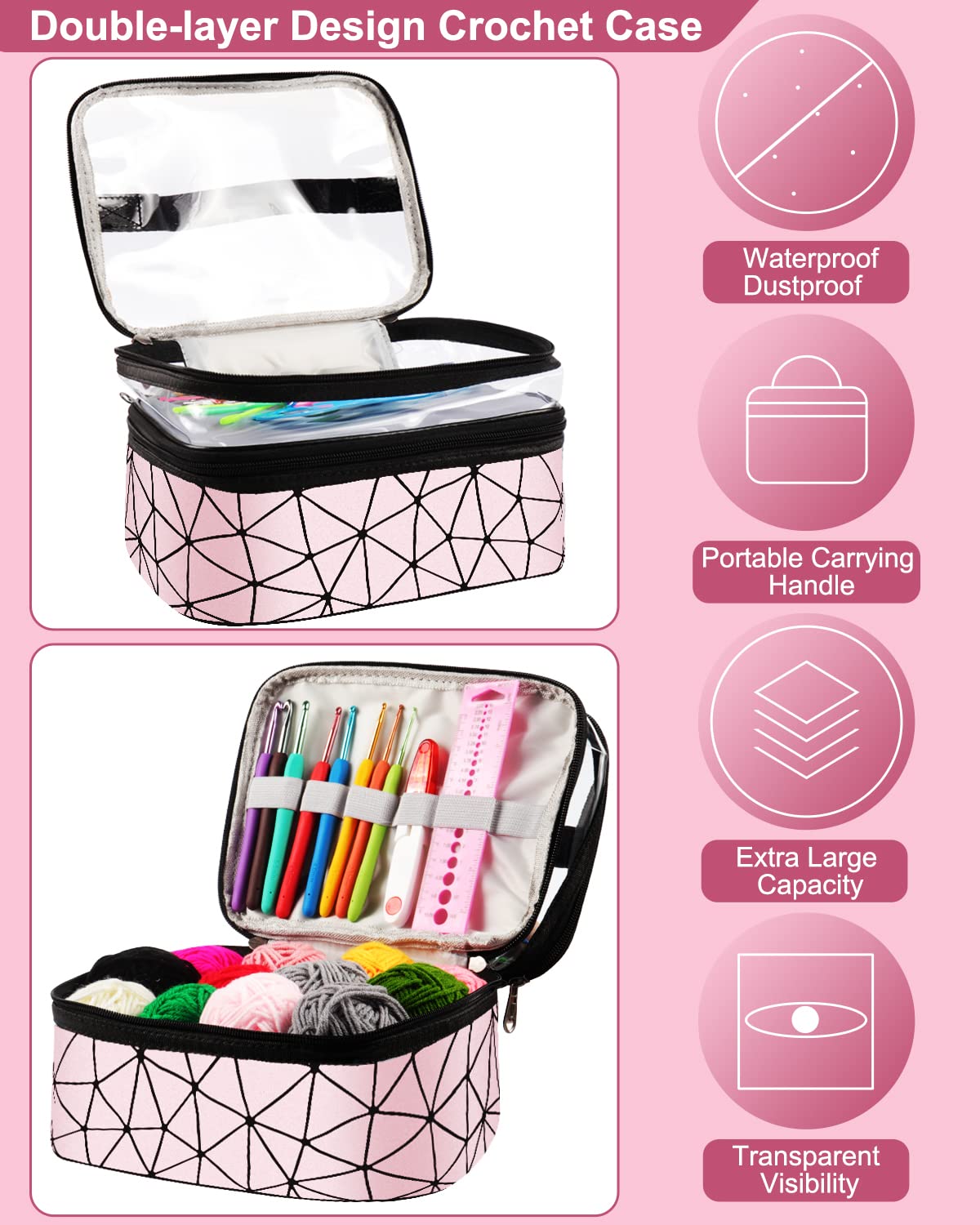 Coopay Crochet Kit for Beginners, 71 Piece Crochet Hook Set with Bag and Yarn, Premium Crochet Set with Knitting Accessories and Yarn, 0.6-6.0 mm Crochet Hooks Set, Complete Beginner Crochet Hook Sets Gifts, Pink