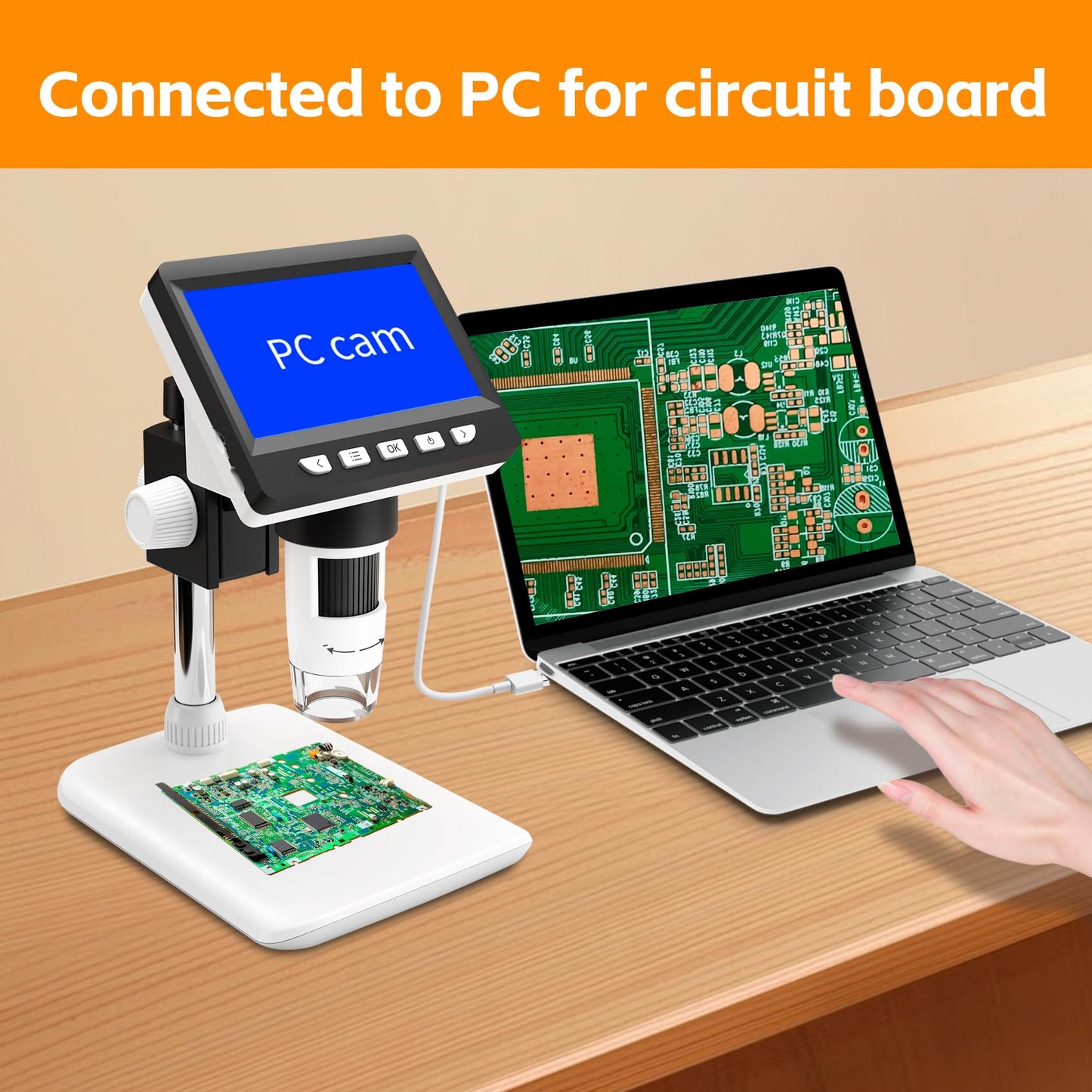 GlobalCrown Microscope for kids/adults, digital microscope with 4.3 inch screen, 1000X magnification and 8 adjustable LED lights, compatible with Windows/Mac.