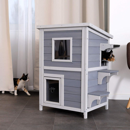 lionto outdoor cat house for playing and resting, wooden house for cats with weatherproof bitumen roof, 56x52x82 cm, window and 3 entrances, sturdy cat hut with assembly instructions, grey/white